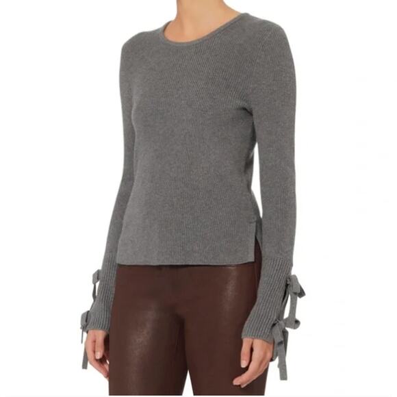 Intermix Small S Gray Cotton Silk Jordana Tie Sleeve Rib Knit Round Neck Sweater - Picture 8 of 9
